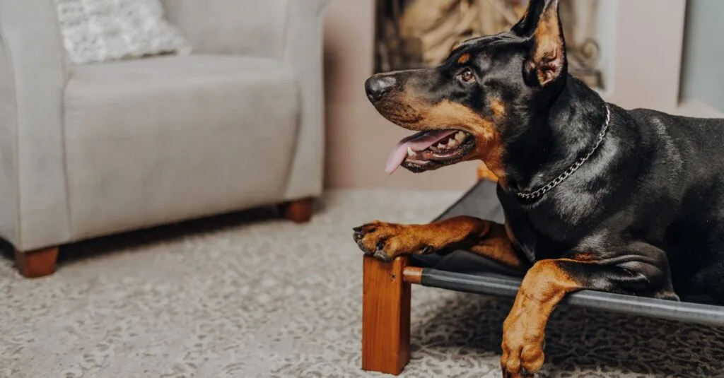 Dog lying comfortably on an elevated cot indoors