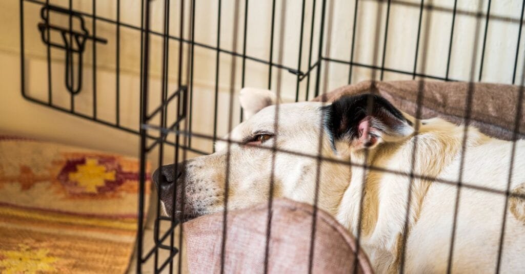 Dog settled inside a crate with soft bedding