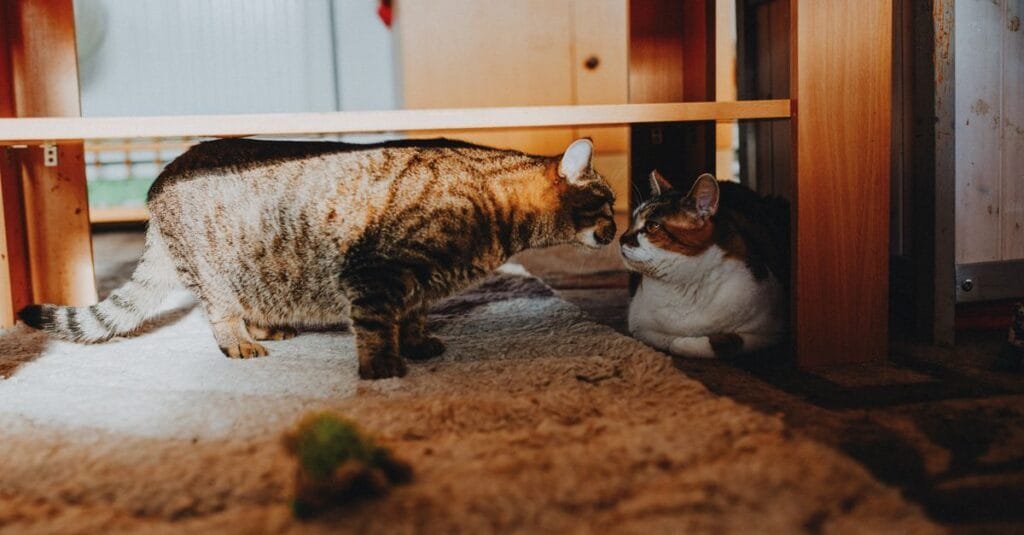 Two cats seeing each other under furniture