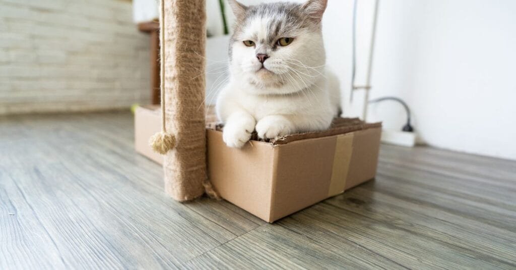 White cat sitting in a cardboard box beside a scratching post